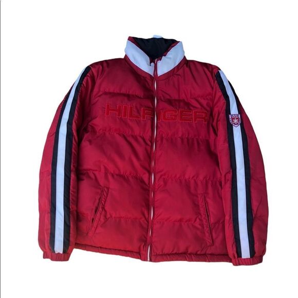 Vintage 2011 Tommy Hilfiger Reversible Jacket Large Black Red BIG LOGO - Picture 1 of 15